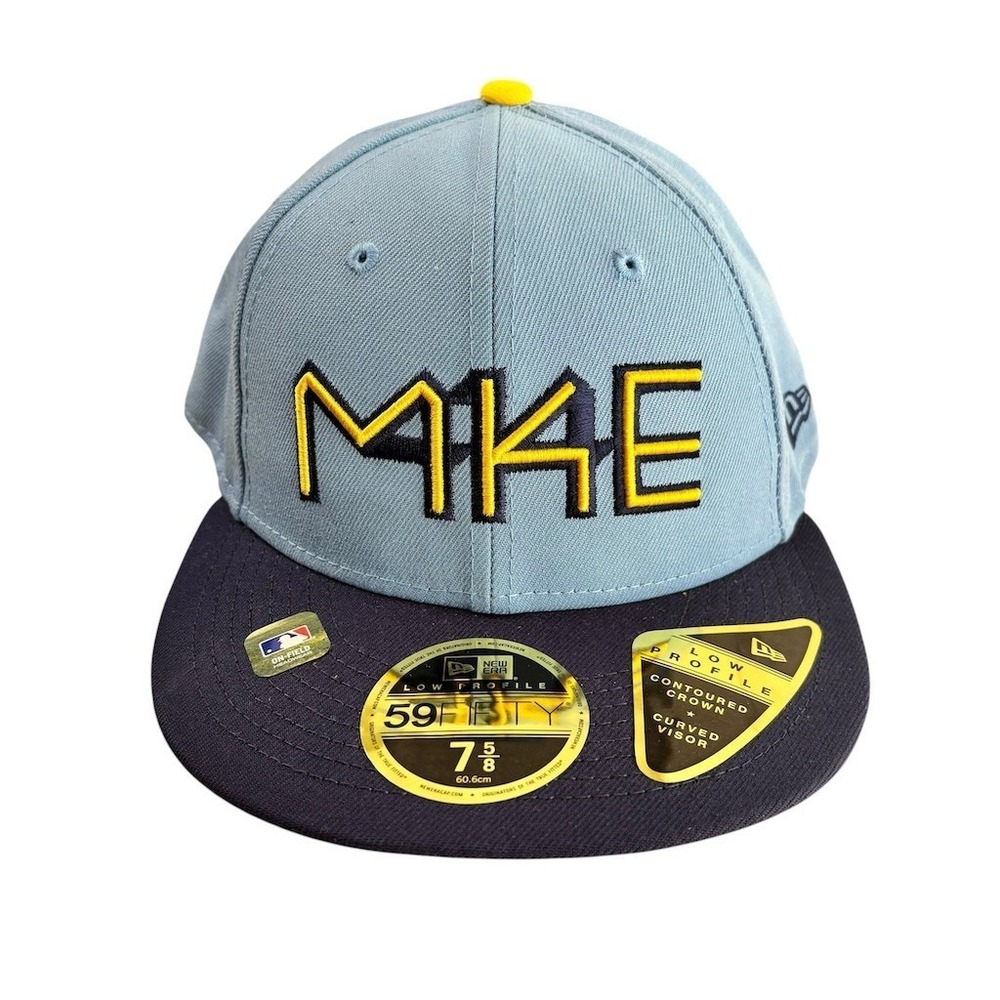 New Era Milwaukee Brewers City Connect MKE Fitted Hat Blue Size 7 3/8